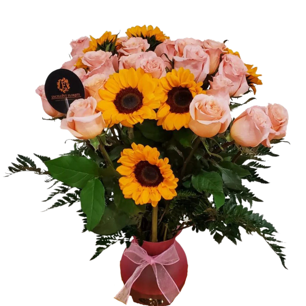 Three dozen long stem roses and Sunflowers arrangement