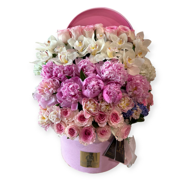 Pink Roses, Orchids, French Peonies, and Hyacinths Arrangement.