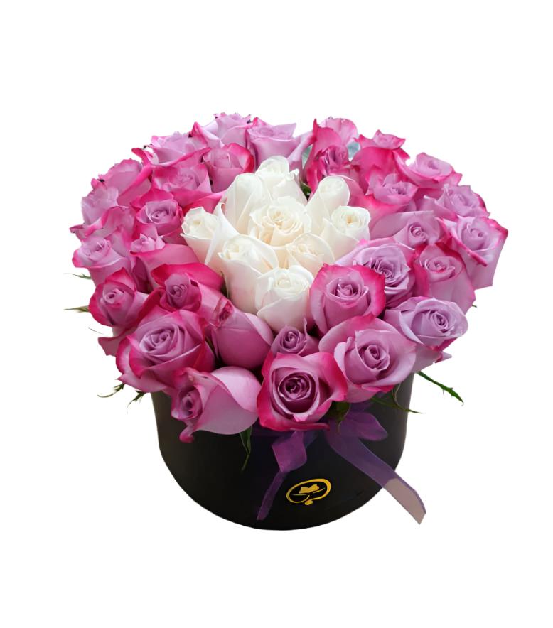 Two Dozen Roses in a Round Box - Lavender and White