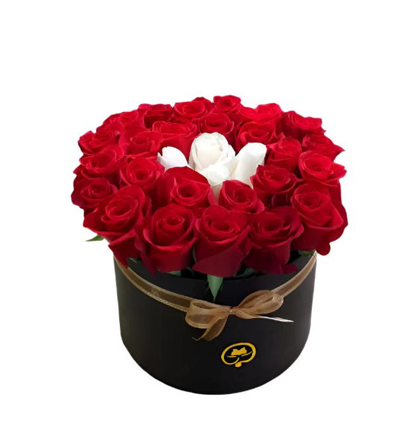Two Dozen Roses in a Round Box - Red / White