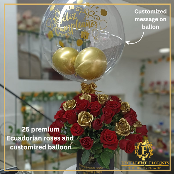 25 Roses with a customized balloon - Gold and Red