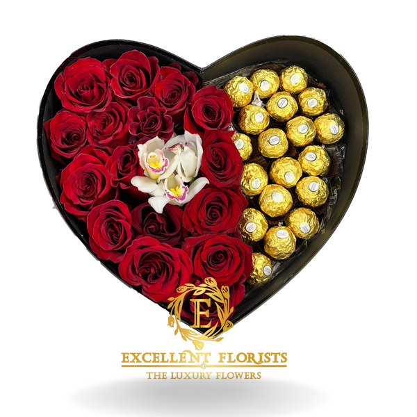 Red Roses and White Orchid + Chocolate Heart Box