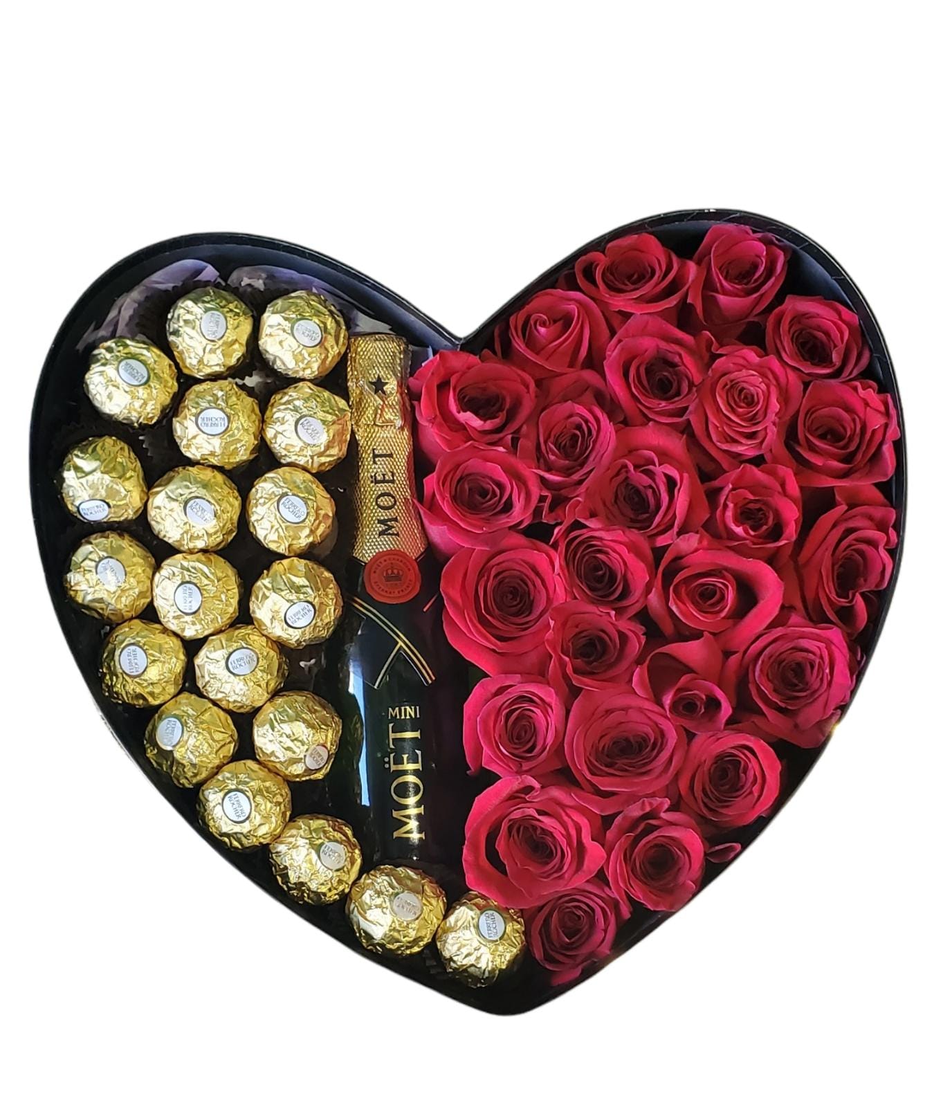 Heart Natural Roses and Champagne bottle in a Box
