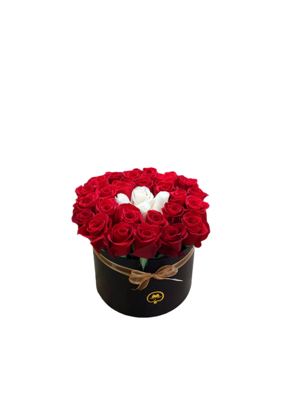 Two Dozen Roses in a Round Box - Red / White
