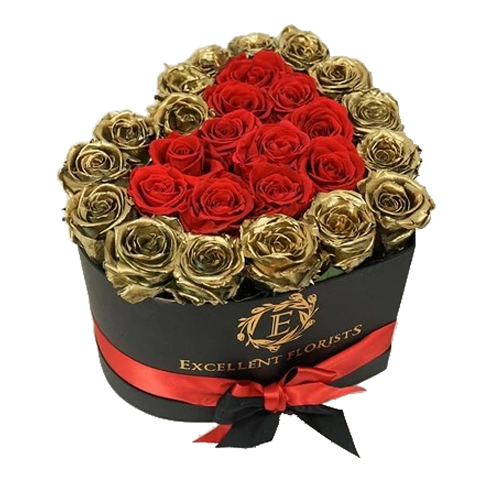 Heart Box Gold & Red Preserved Roses Excellent Florists Excellent Flowers Eternity 