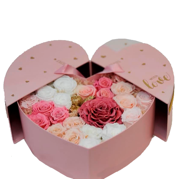 Heart Preserved Pink and White Combination Roses Box