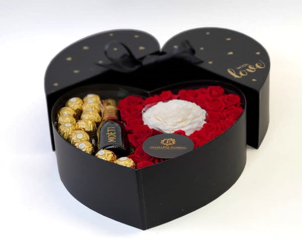 Heart Preserved Roses and Champagne bottle in a Box