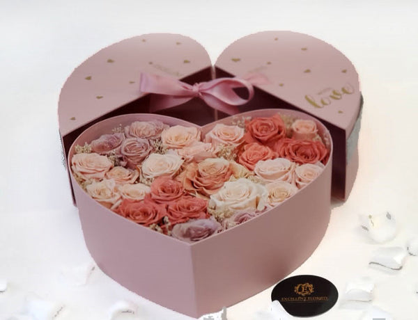 Heart Preserved Pink Combination Roses Box