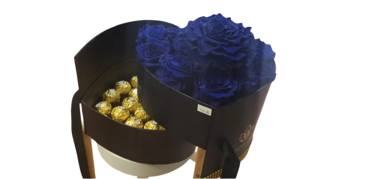 Heart Preserved Blue Roses with chocolates in a Two Levels Box