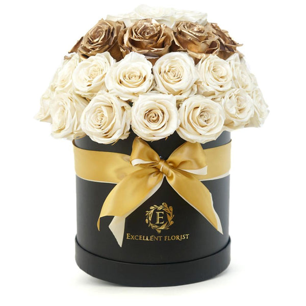 Mega Deluxe Gold 7 Pearl Preserved Roses - Excellent Florists