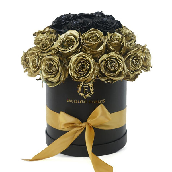 Deluxe Gold & Black Preserved Roses - Excellent Florists