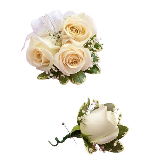White   Rose Corsage & Boutonniere Set - Excellent Florists