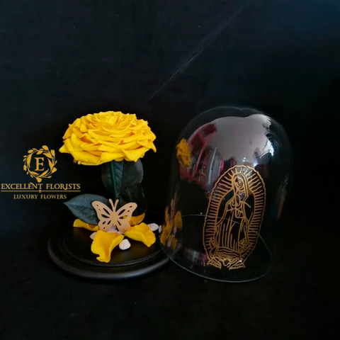 Glass dome with Guadalupe's Virgin and a Preserved rose.