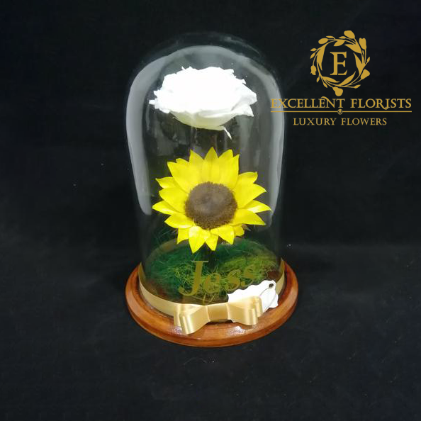 Glass Dome with Preserved Rose and Sunflower