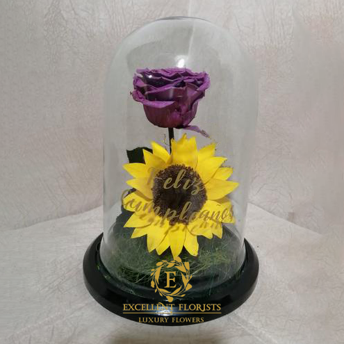 Glass Dome with Preserved Rose and Sunflower