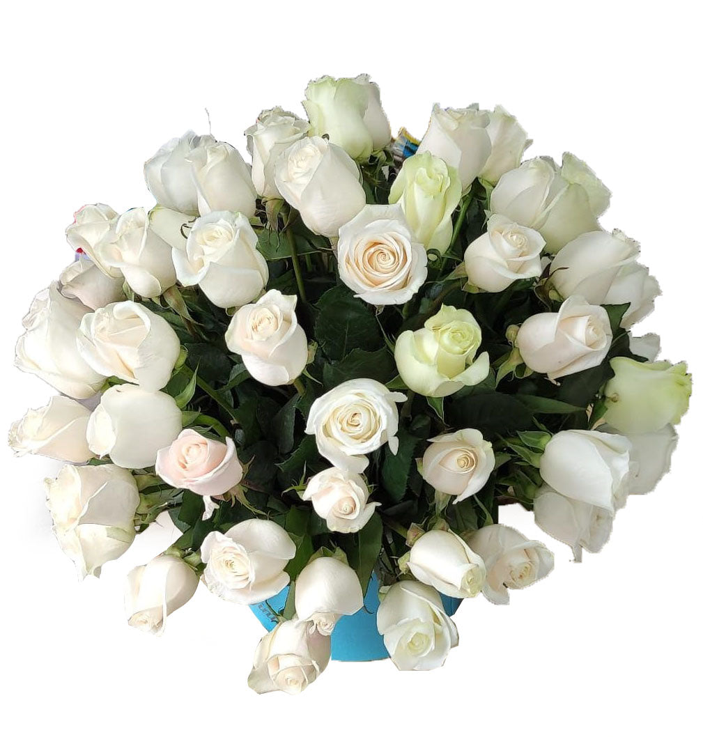 50 roses in a round box - White