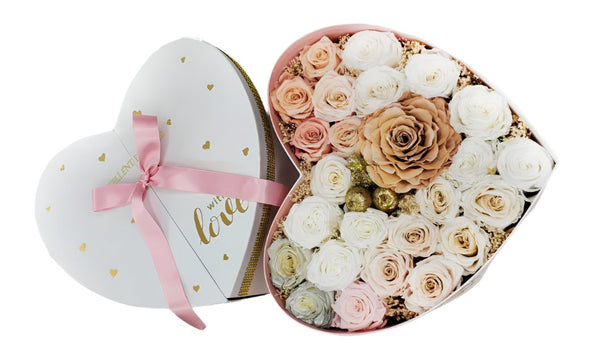 Heart Preserved White Cream Combination Roses Box