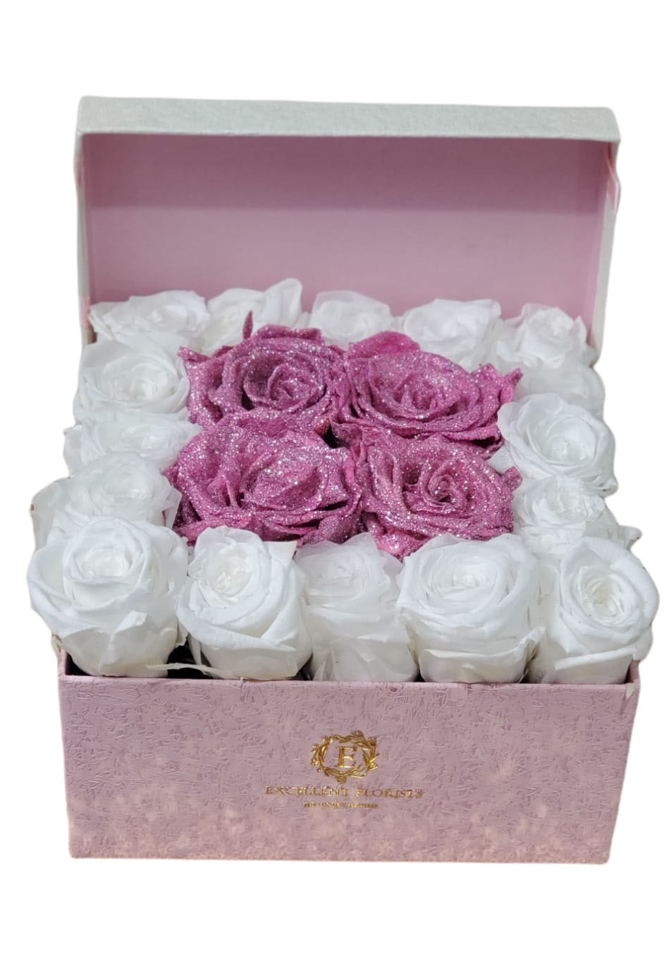 Medium Square Bicolor White and Pink Preserved Roses