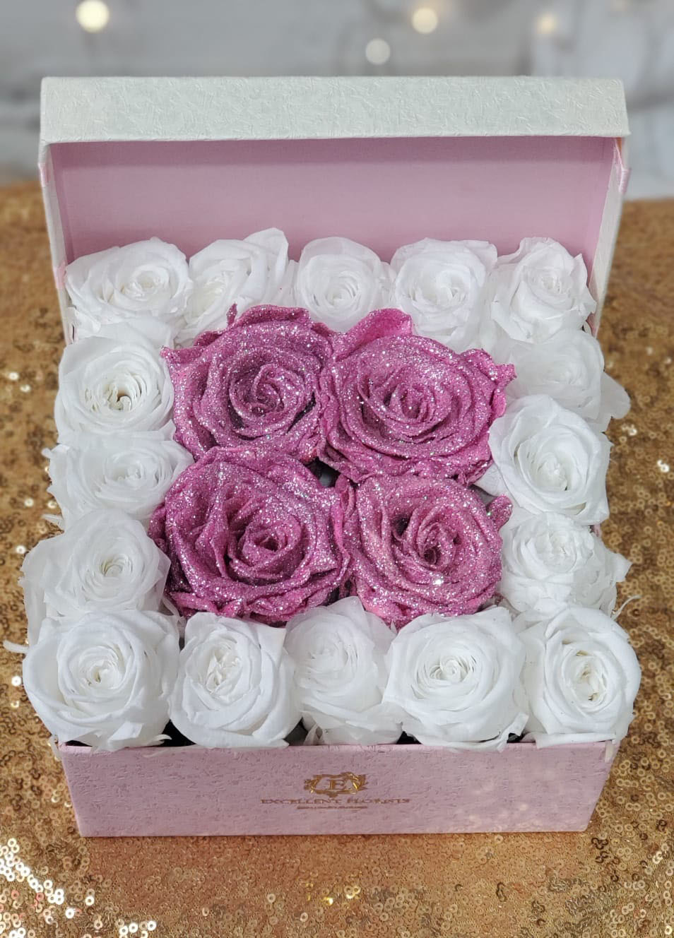 Medium Square Bicolor White and Pink Preserved Roses