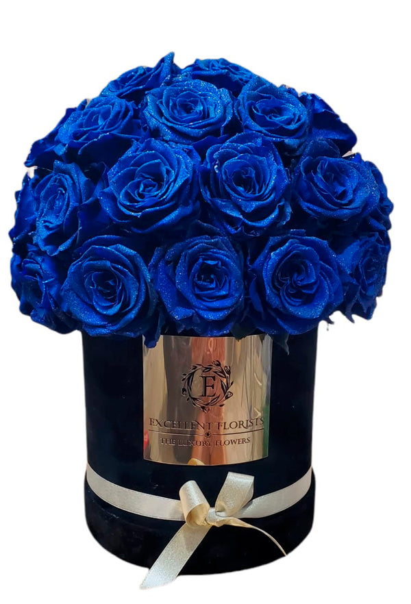 Blue Pearl Preserved Roses in a Round box