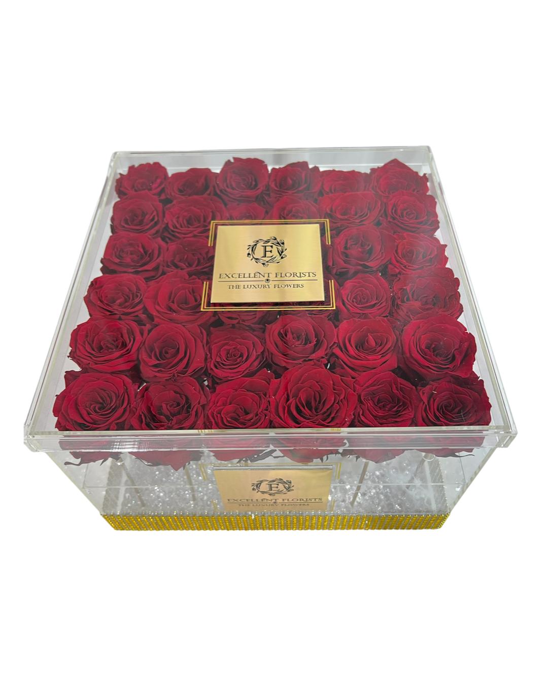 Red Preserved Roses in Luxurious Acrylic 36-Stem Box
