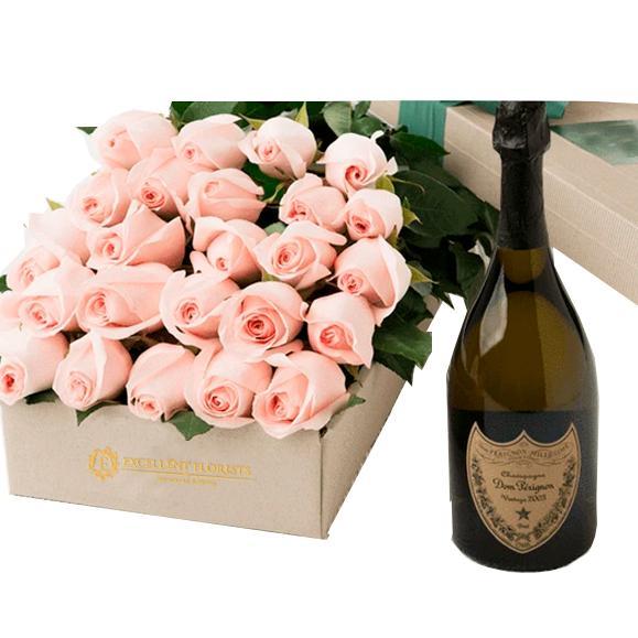 24 roses gift box with luxurious Dom Perignon Champagne
