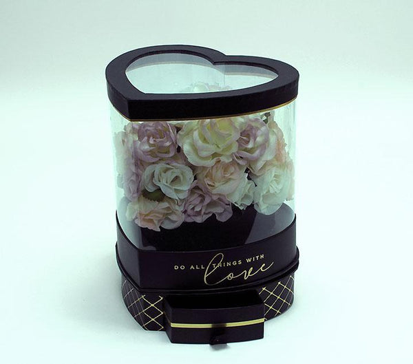 Rotatable Clear Heart Shape Flower Box with Black Lid and Base