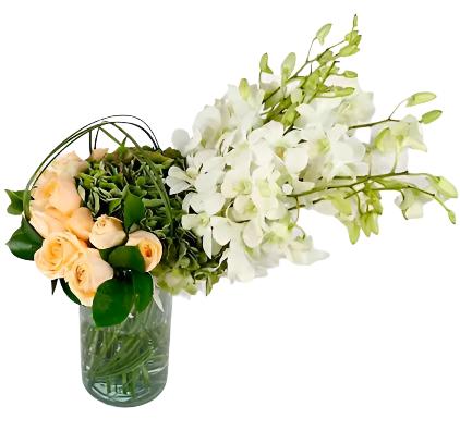 Orchids, Roses and White Hydrangeas in a Vase