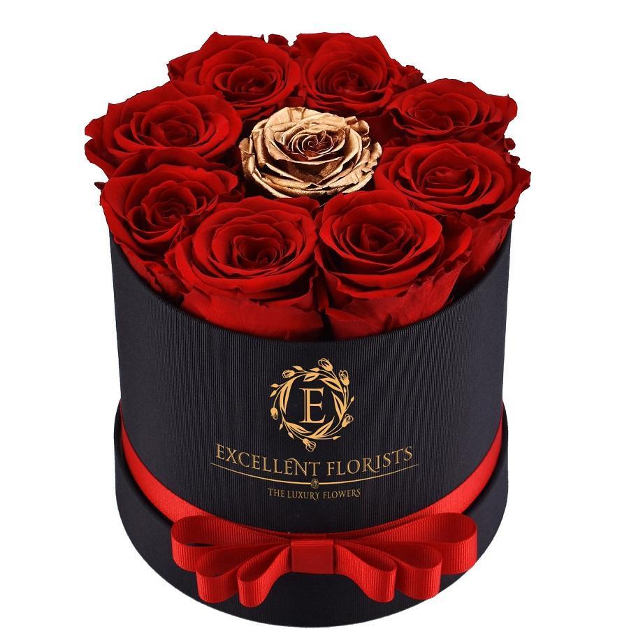 Small Round Red & Gold Preserved Roses ( 9 roses ) - Excellent Florists