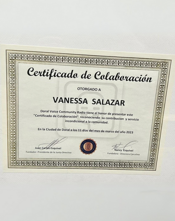 Certificado de Colaboración otorgado a Vanessa Salazar