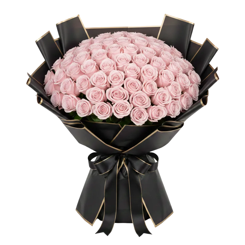 Bouquet of pink roses wrapped in black paper with a bow on a white background