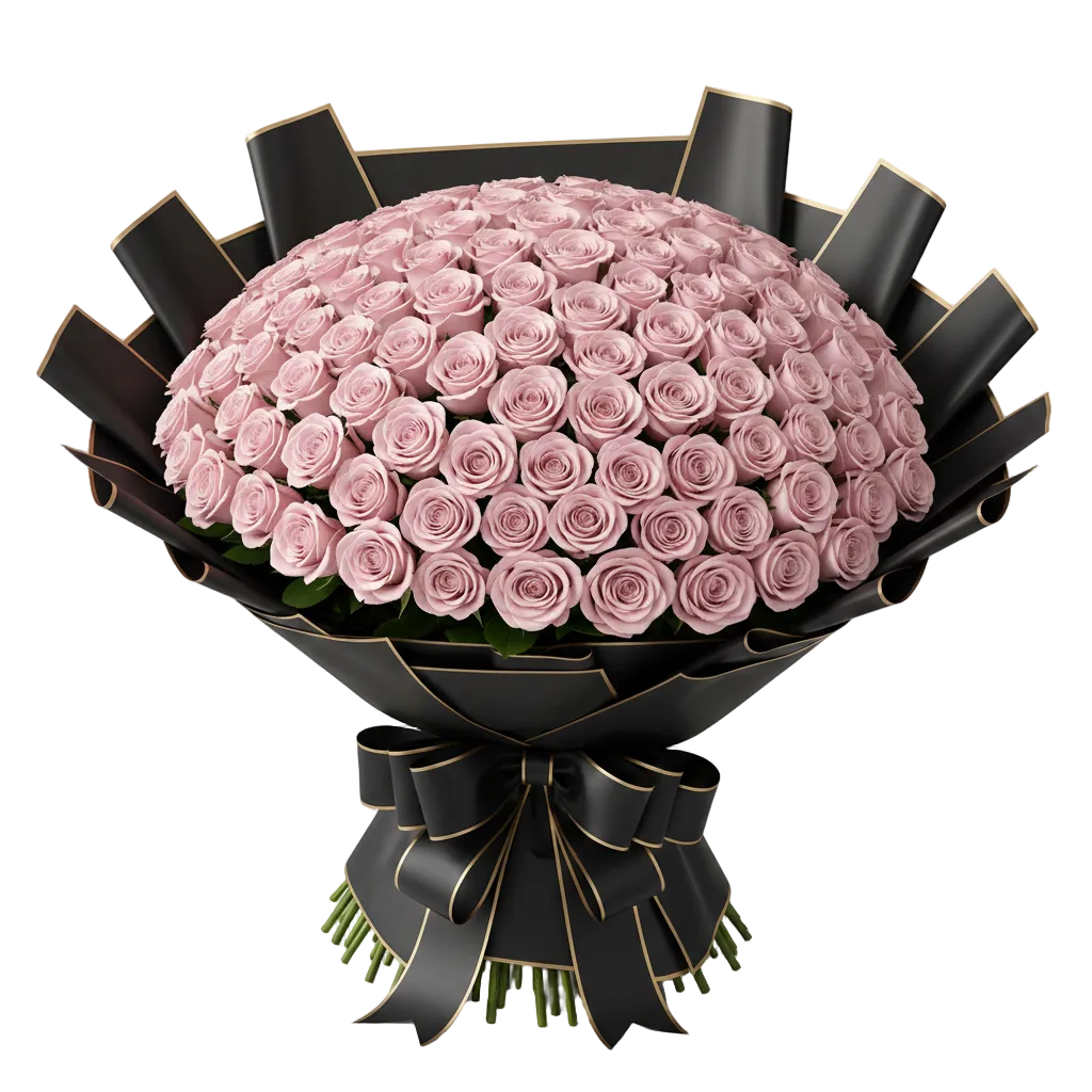 Bouquet of pink roses wrapped in black paper with a bow on a white background