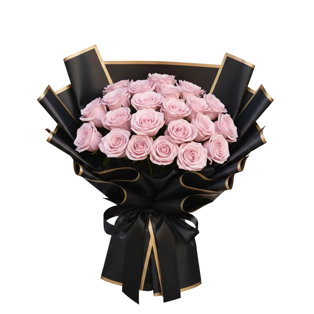 Bouquet of pink roses wrapped in black paper with gold accents on a white background