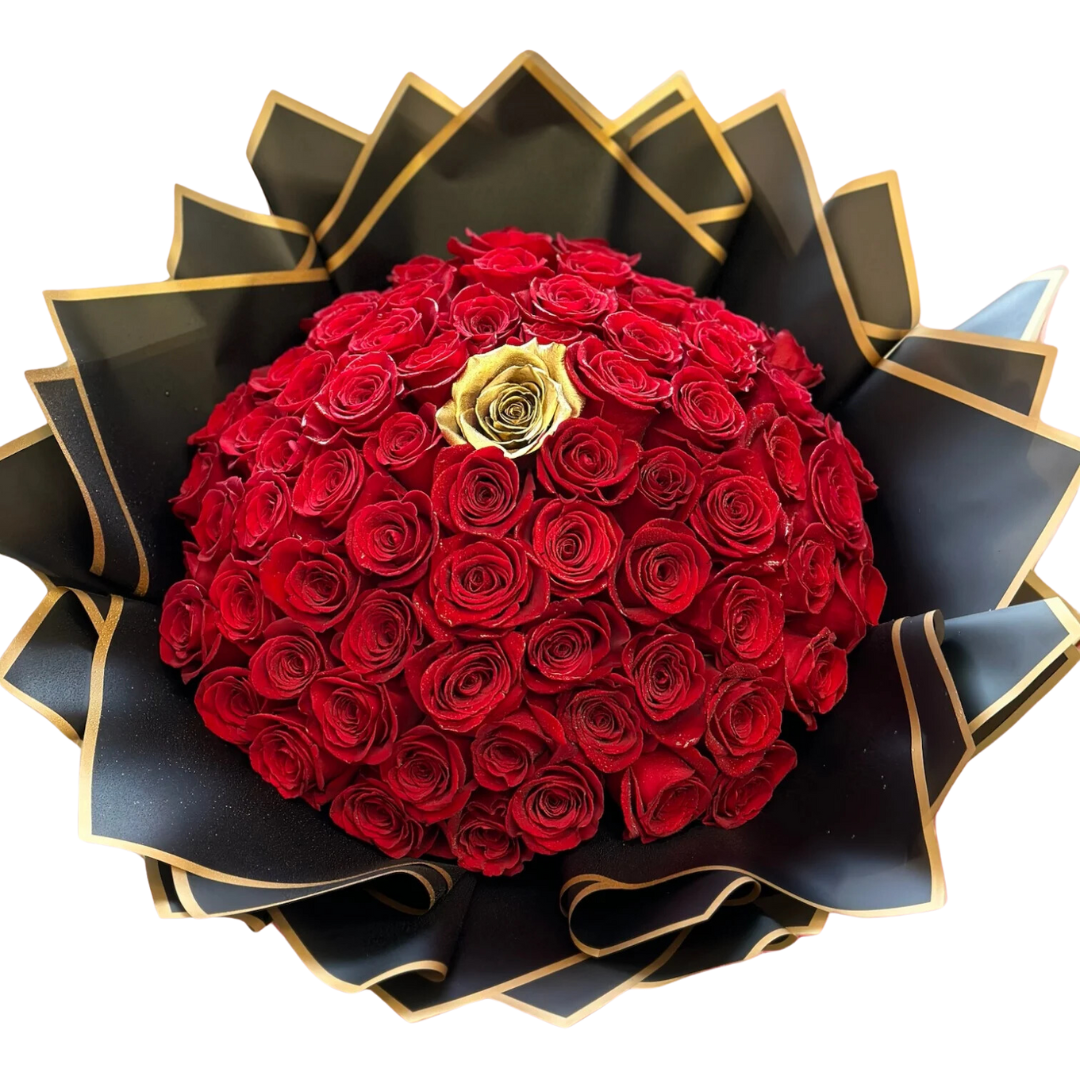 bouquet with 75 red roses and 1 gold rose