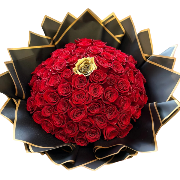 bouquet with 75 red roses and 1 gold rose