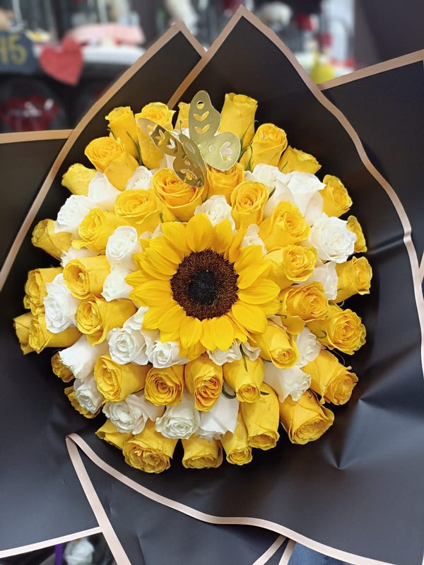 bouquet with sunflower and white and yellow roses
