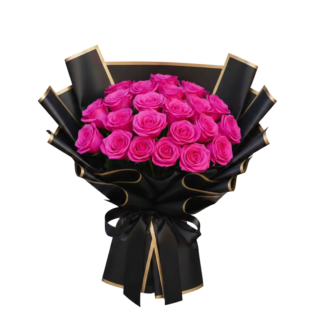Bouquet of pink roses wrapped in black paper with gold accents on a white background