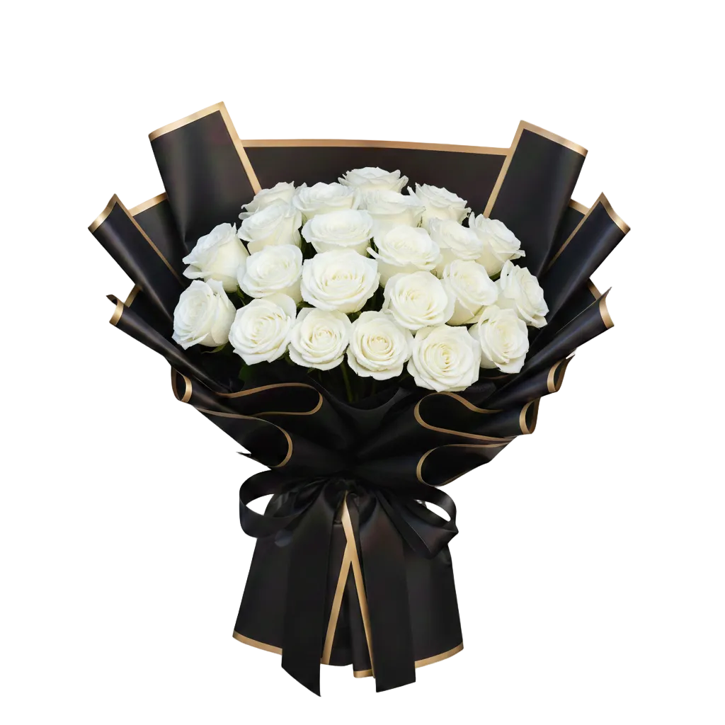 Bouquet of white roses wrapped in black paper with gold accents on a white background