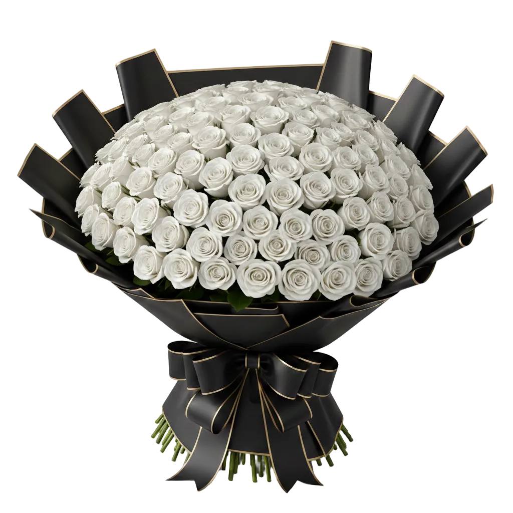 Bouquet of white roses wrapped in black paper with a bow on a white background