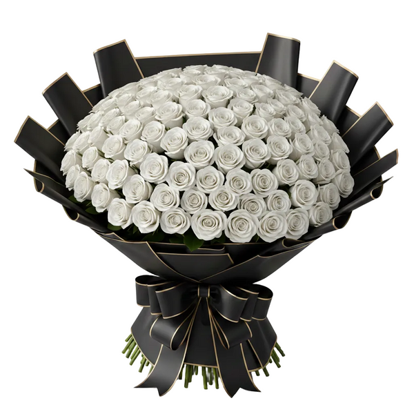 Bouquet of white roses wrapped in black paper with a bow on a white background