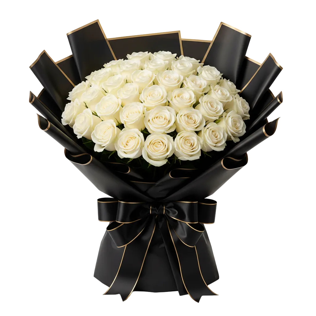 Bouquet of white roses wrapped in black paper with a bow on a white background