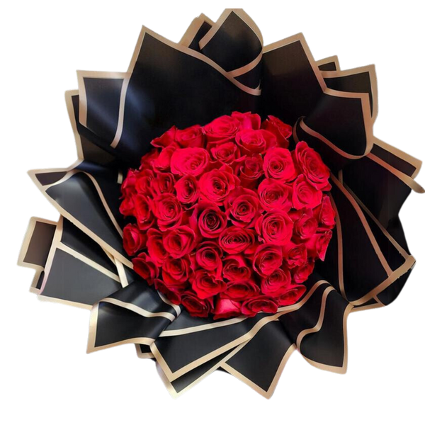 A bouquet of red roses with green leaves, arranged with a black and gold ribbon.