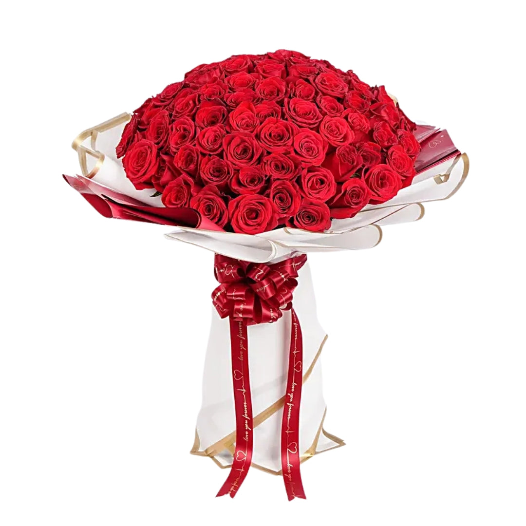 Romantic gift – 100 red roses wrapped in elegant style