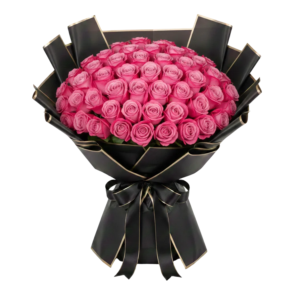 Bouquet of deep purple roses wrapped in black paper with a bow on a white background