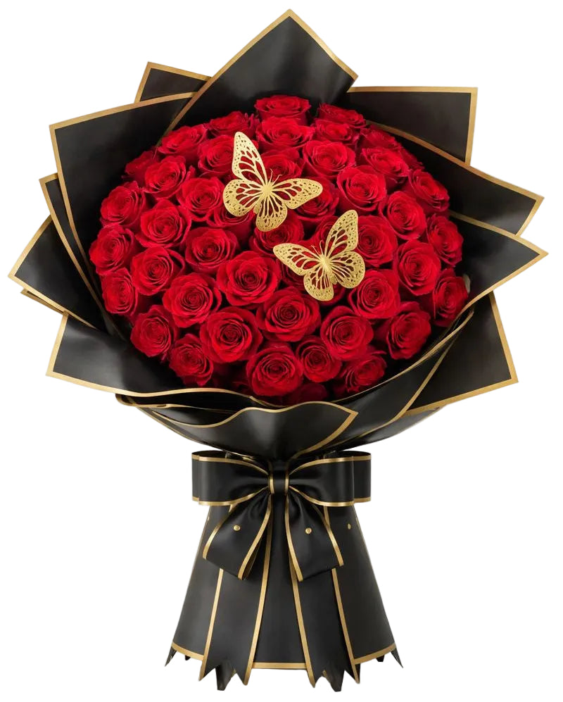 Bouquet of red roses with gold butterflies and black wrap on a white background