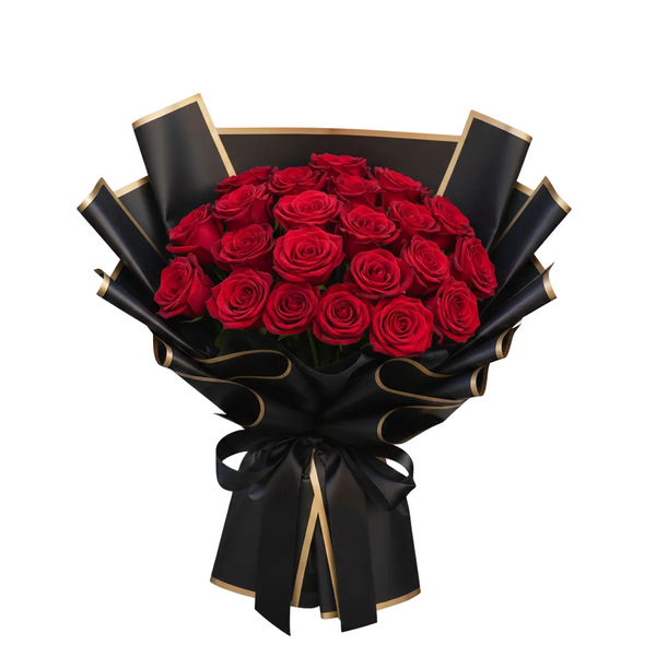 Bouquet of red roses wrapped in black paper with gold accents on a white background