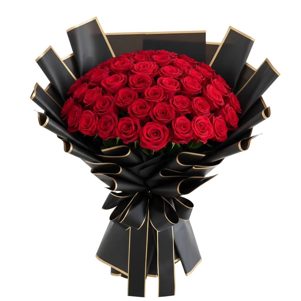 Bouquet of red roses wrapped in black paper with gold edges on a white background