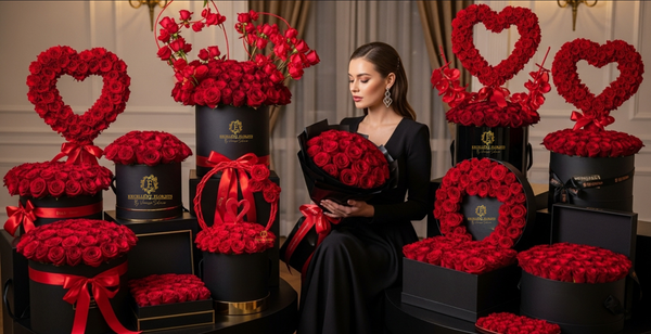 Woman holding a bouquet of red roses surrounded by heart-shaped flower arrangements in a luxurious setting.