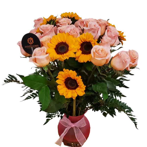 Three dozen long stem roses and Sunflowers arrangement