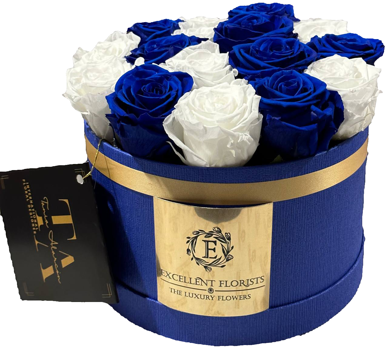 White and Blue Preserved Roses In Round Box